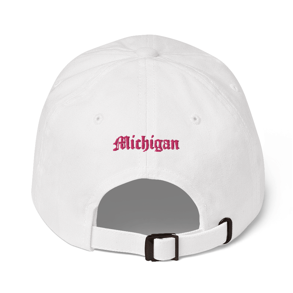 Old English 'M' Dad Hat (w/ 'Michigan' Back Design) | Pink Embroidery