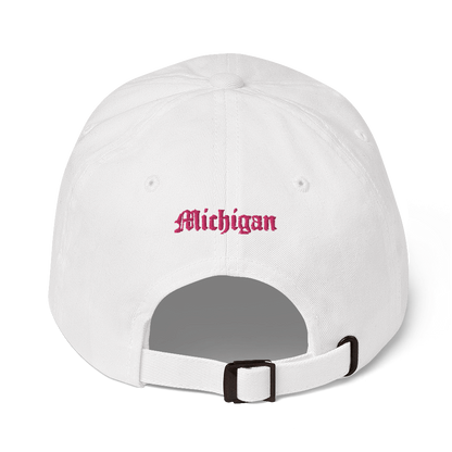 Old English 'M' Dad Hat (w/ 'Michigan' Back Design) | Pink Embroidery