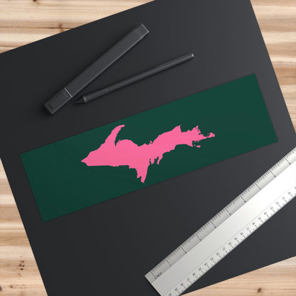 Michigan Upper Peninsula Bumper Sticker (w/ Pink UP Outline) | Green Background