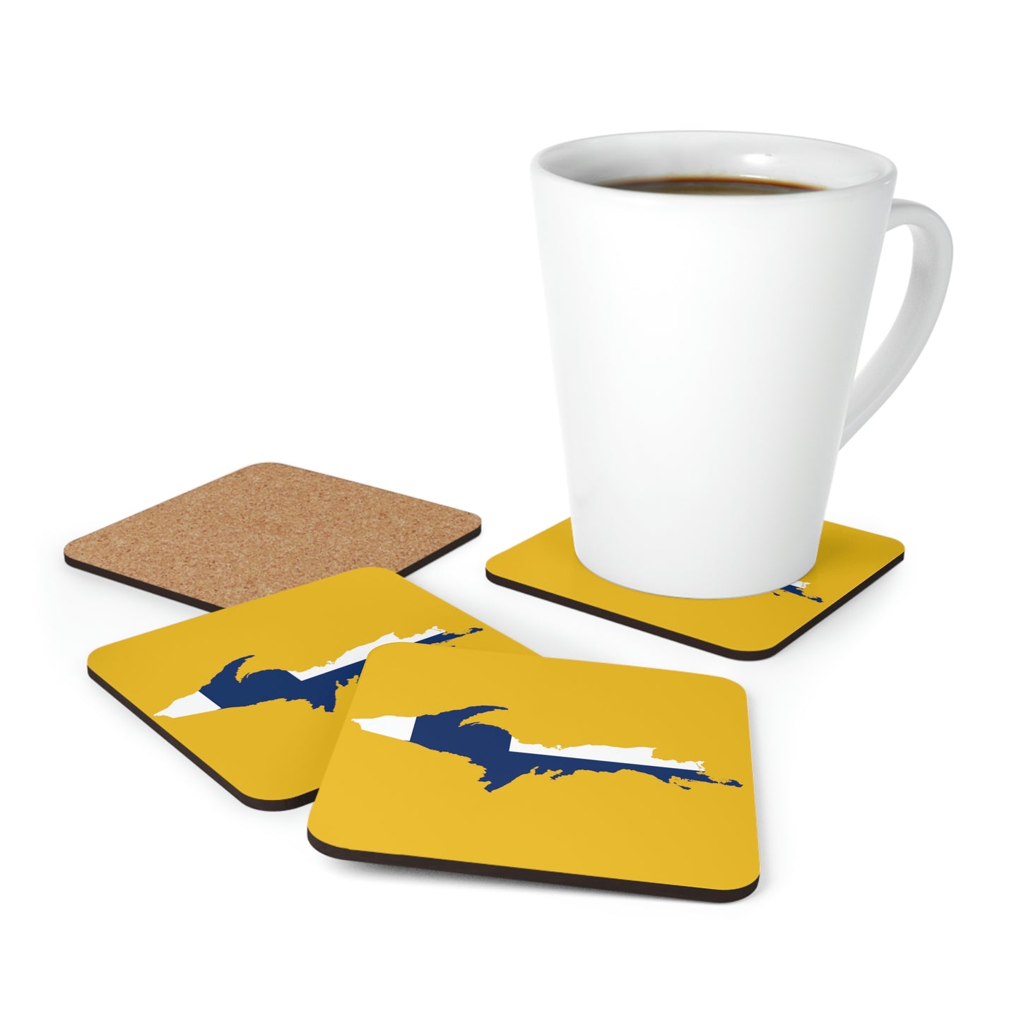 Michigan Upper Peninsula Coaster Set (Gold w/ UP Ukraine Flag Outline) | Corkwood - 4 pack