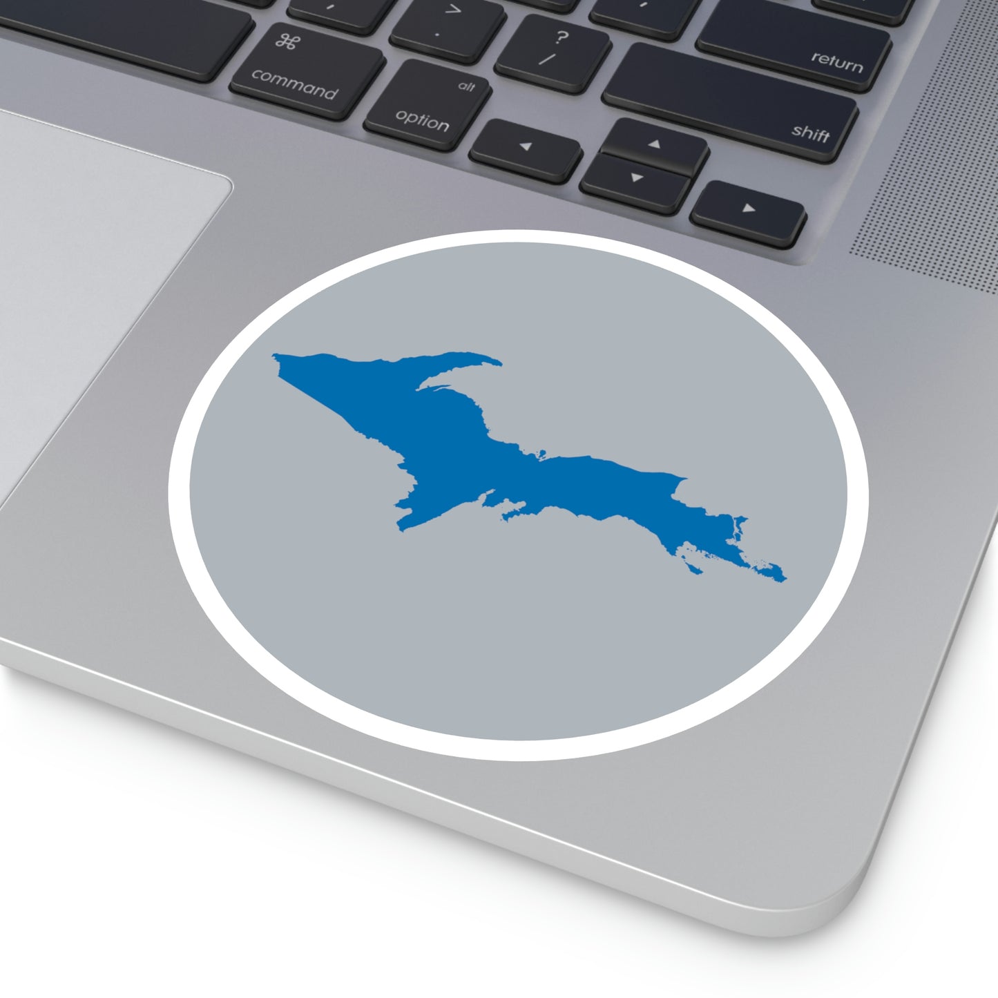 Michigan Upper Peninsula Round Stickers (Silver w/ Azure UP Outline) | Indoor\Outdoor