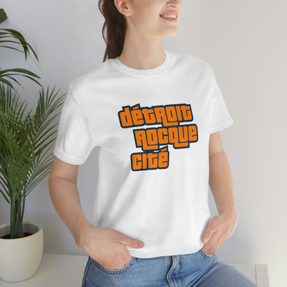 'Détroit Rocque Cité' T-Shirt (Orange Automotive Crime Parody) | Unisex Standard Fit