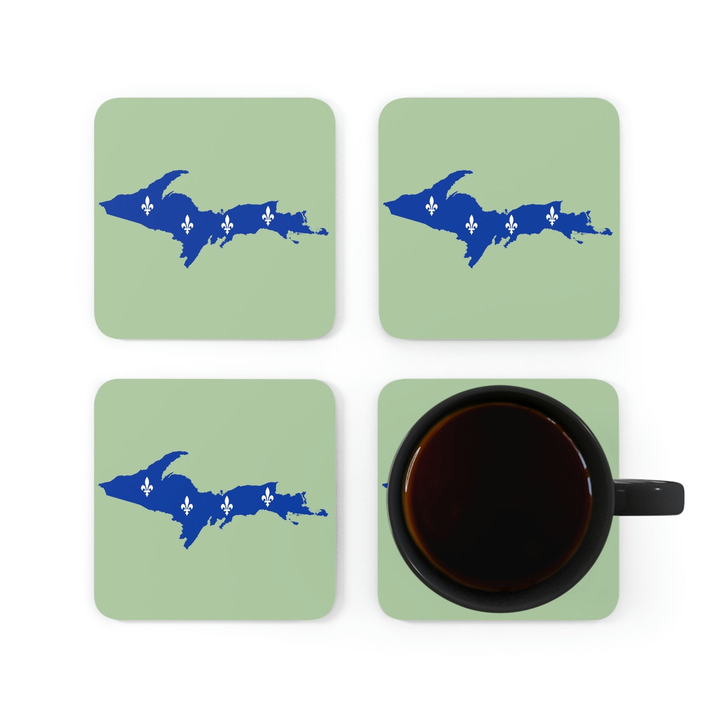 Michigan Upper Peninsula Coaster Set (Green Tea Color w/ UP Quebec Flag Outline) | Corkwood - 4 pack