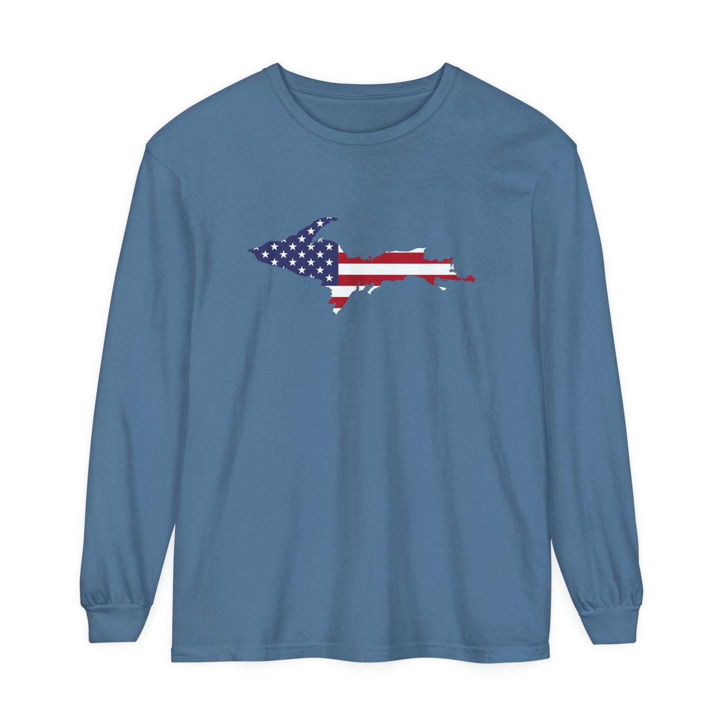 Michigan Upper Peninsula Garment-Dyed T-Shirt (w/ UP USA Flag Outline) | Unisex Long Sleeve