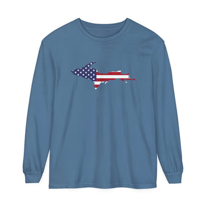 Michigan Upper Peninsula Garment-Dyed T-Shirt (w/ UP USA Flag Outline) | Unisex Long Sleeve