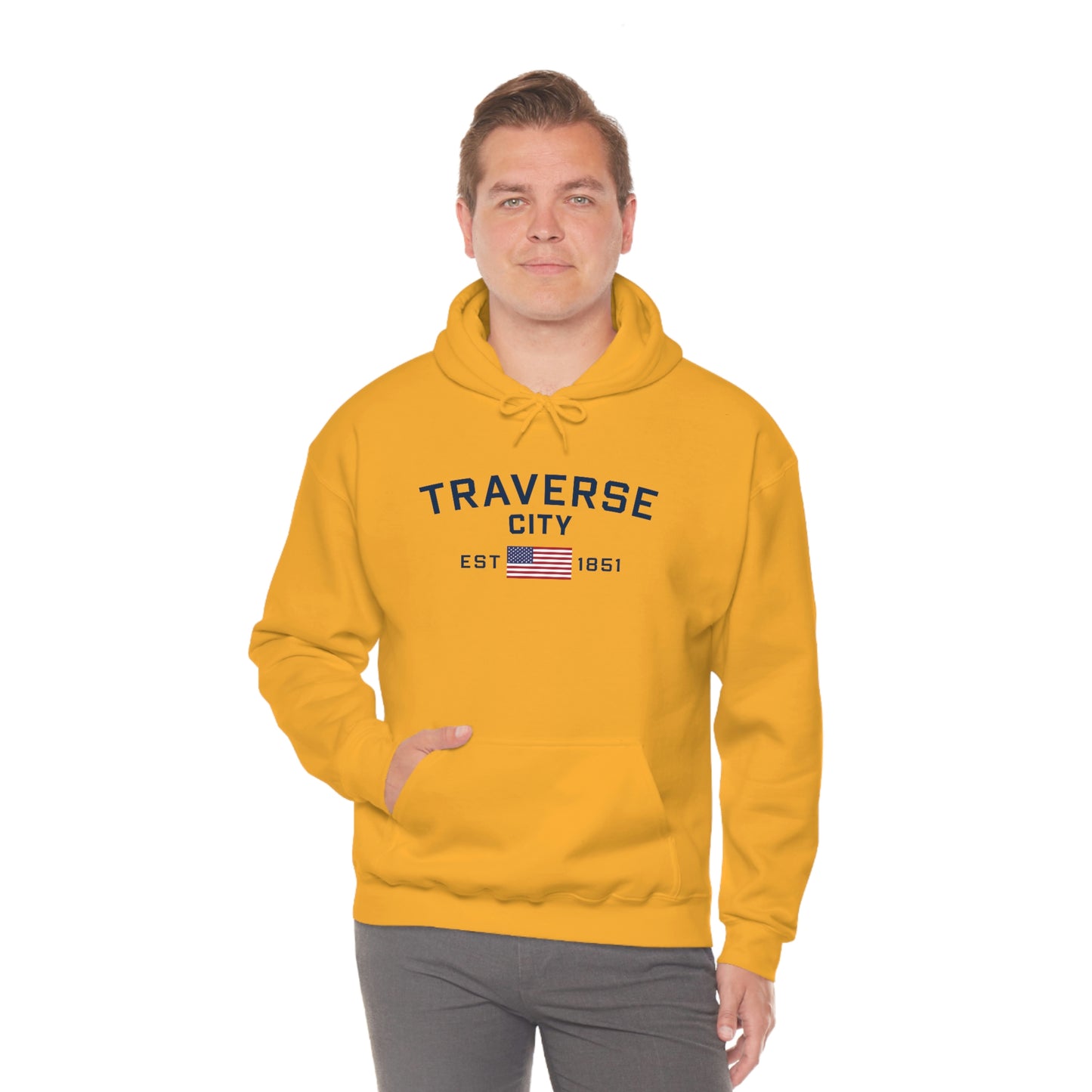 'Traverse City EST 1851' Hoodie (w/USA Flag Outline) | Unisex Standard