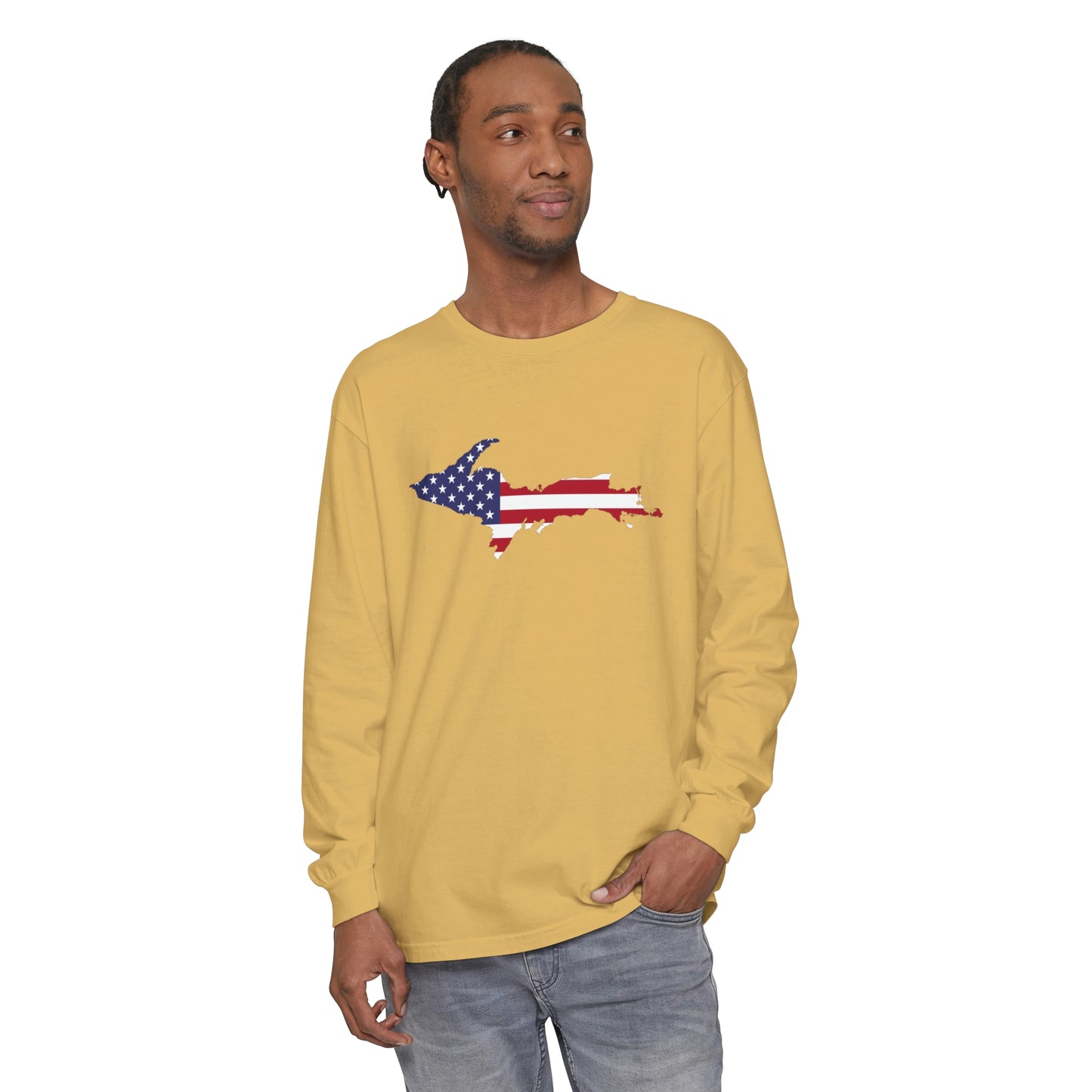 Michigan Upper Peninsula Garment-Dyed T-Shirt (w/ UP USA Flag Outline) | Unisex Long Sleeve