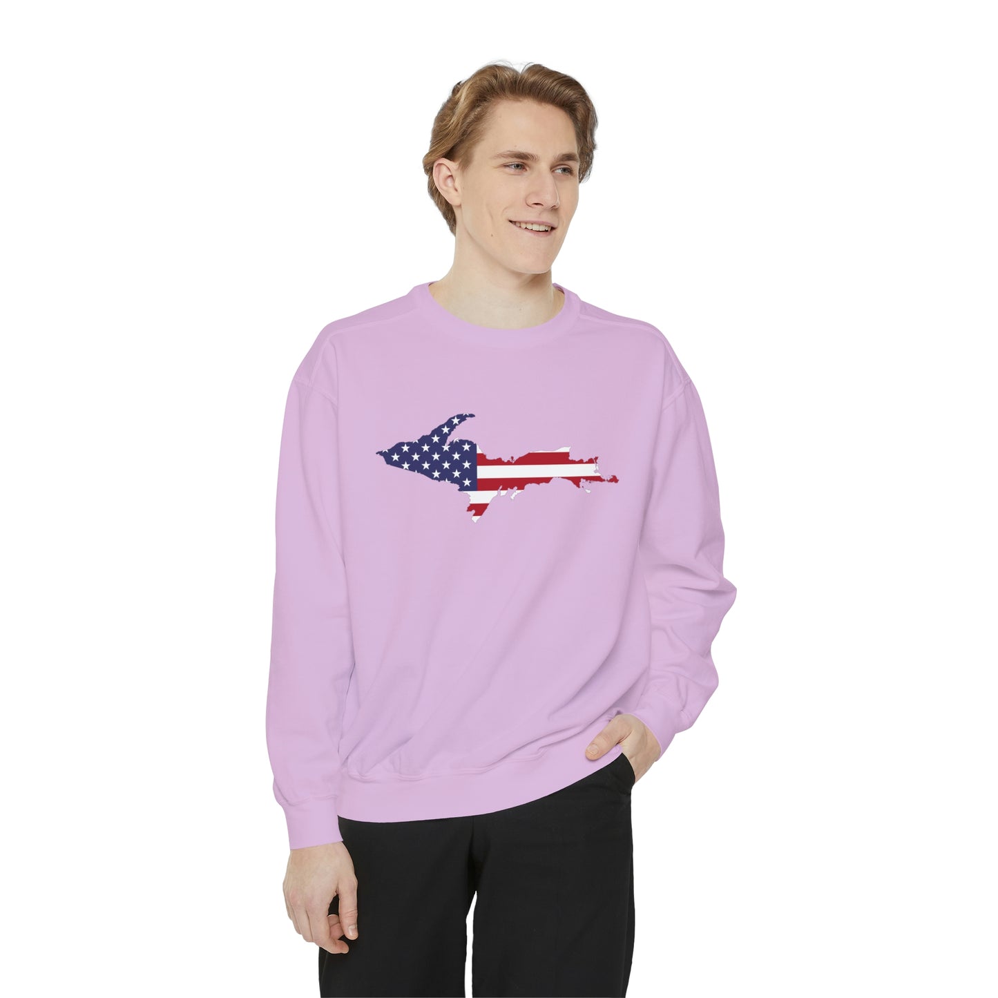 Michigan Upper Peninsula Sweatshirt (w/ UP USA Flag Outline) | Unisex Garment Dyed