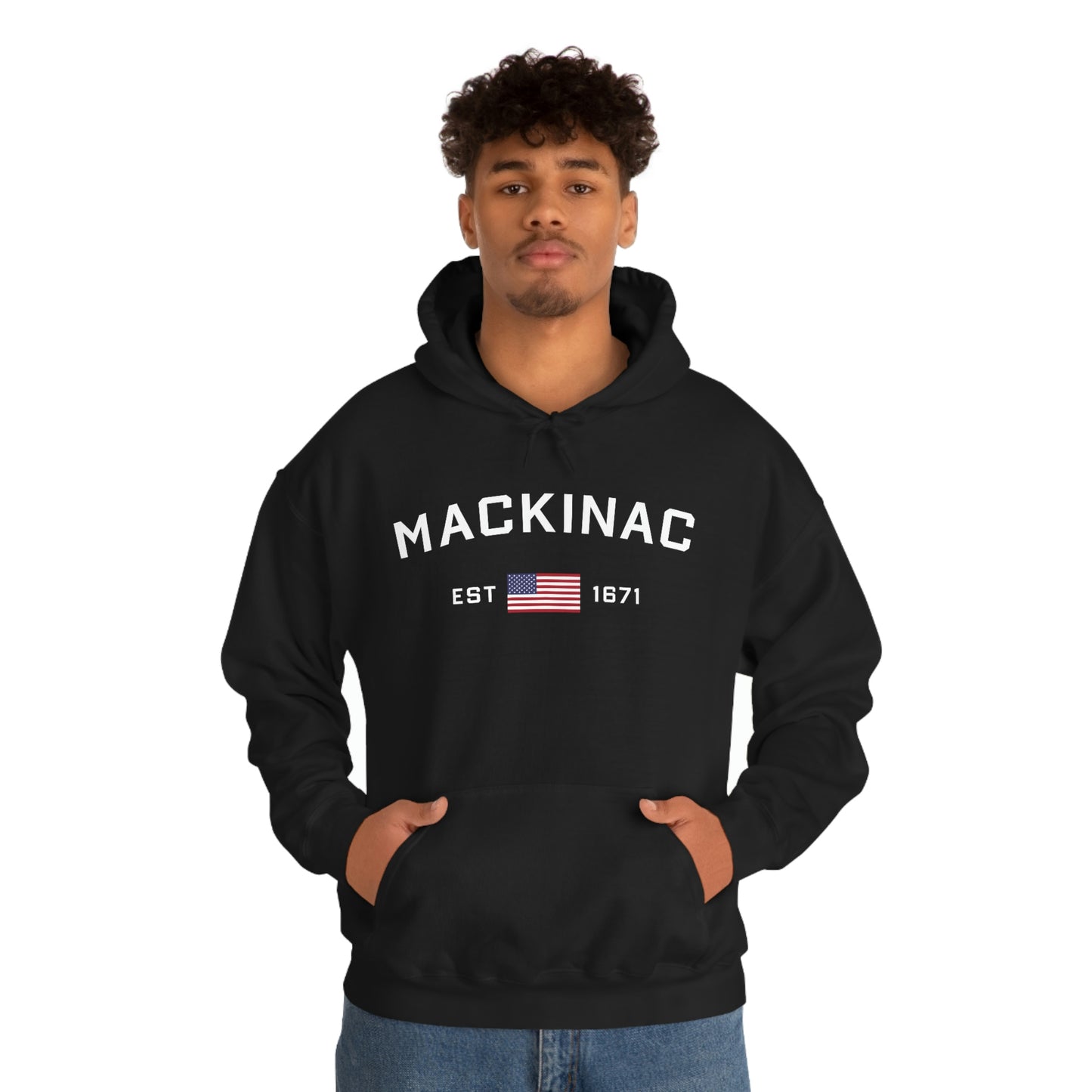 'Mackinac EST 1671' Hoodie (w/USA Flag Outline) | Unisex Standard