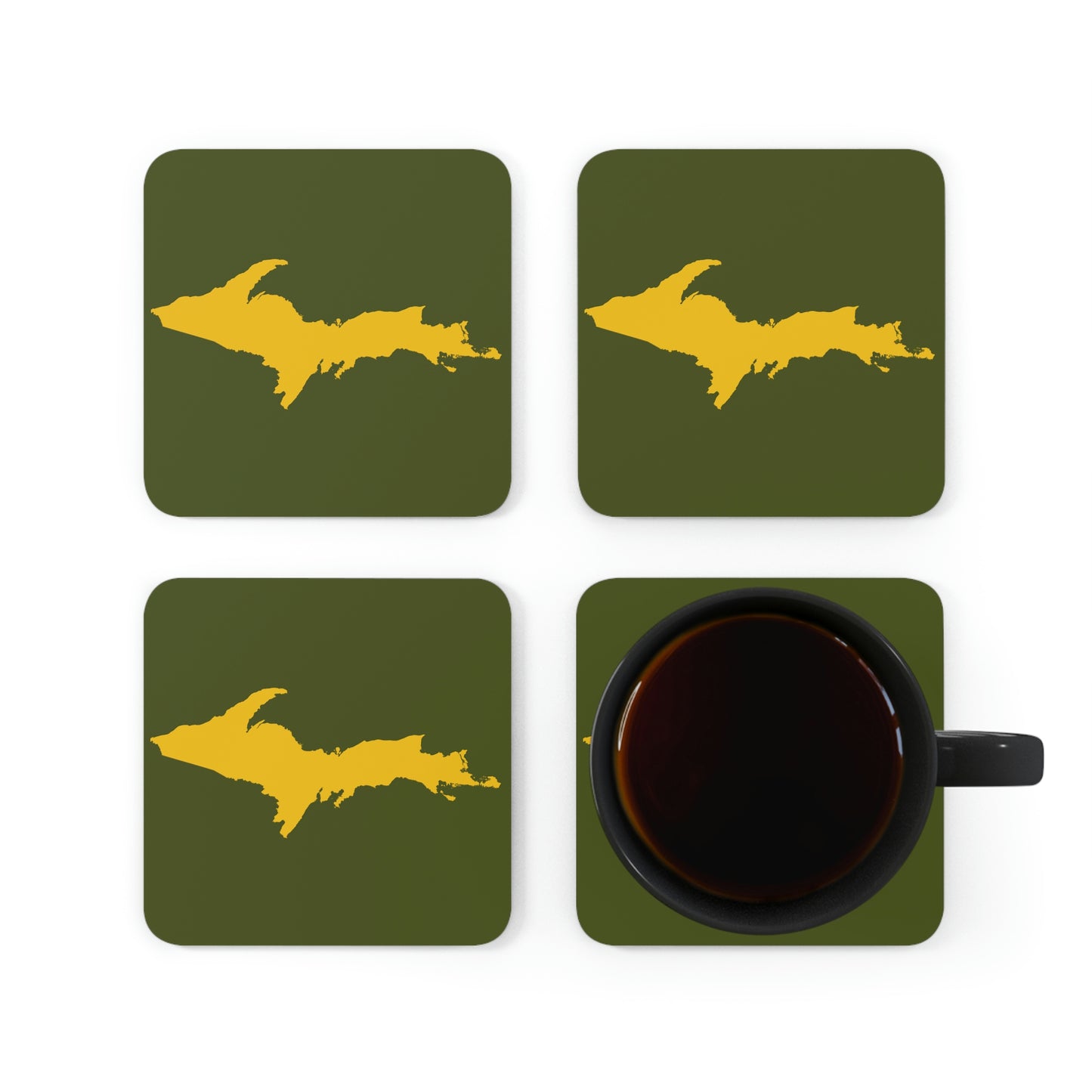 Michigan Upper Peninsula Coaster Set (Army Green w/ Gold UP Outline) | Corkwood - 4 pack