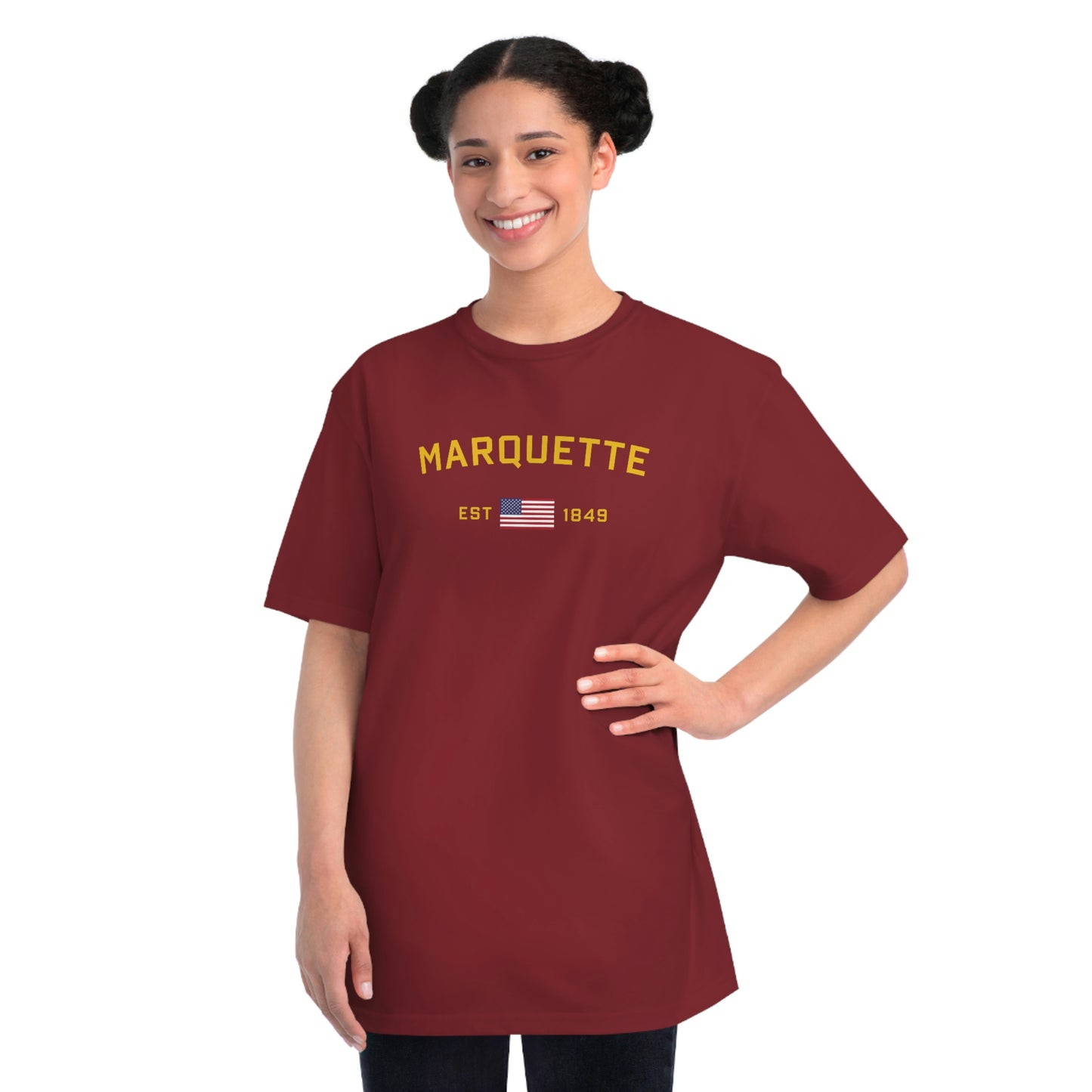 'Marquette EST 1849' T-Shirt (Green/Gold Type w/ USA Flag | Organic Unisex