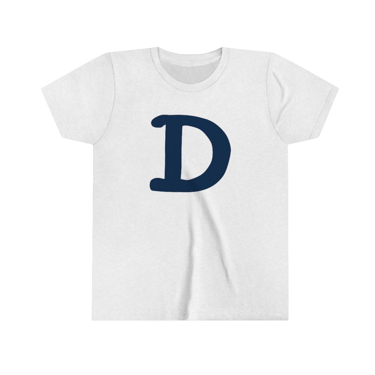 Detroit 'Old French D' T-Shirt (White/Navy Full Body Outline) | Youth Short Sleeve - Circumspice Michigan