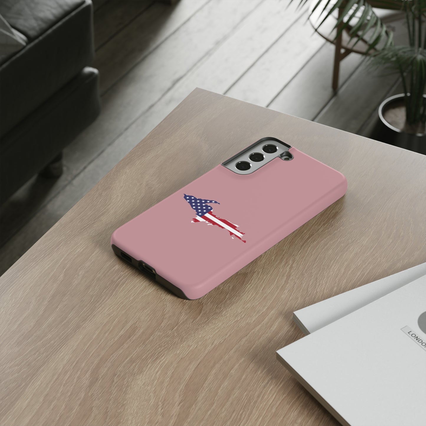 Michigan Upper Peninsula Tough Phone Case (Cherry Blossom Pink w/ UP USA Flag Outline) | Samsung & Pixel Android