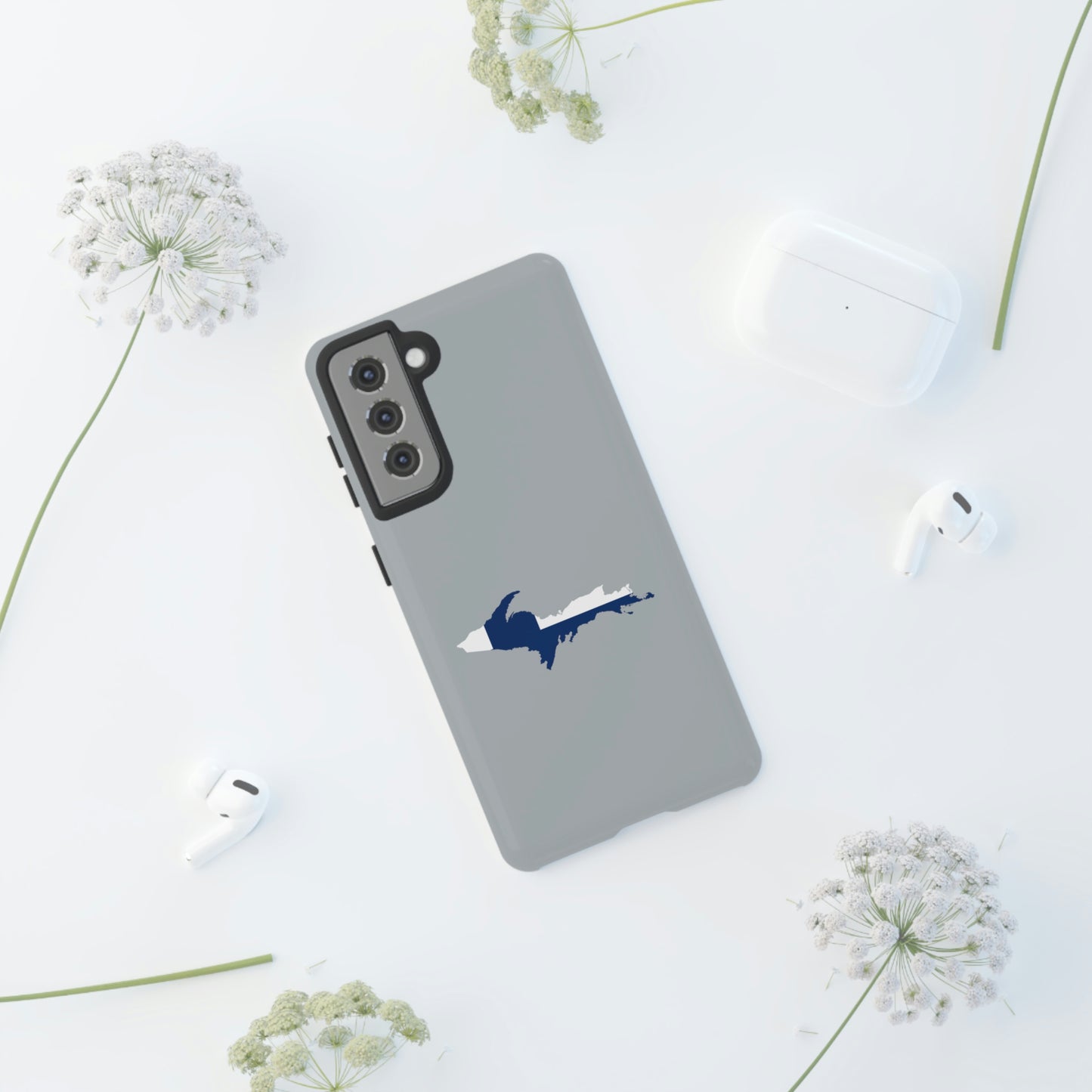 Michigan Upper Peninsula Tough Phone Case (Silver w/ UP Finland Flag Outline) | Samsung & Pixel Android