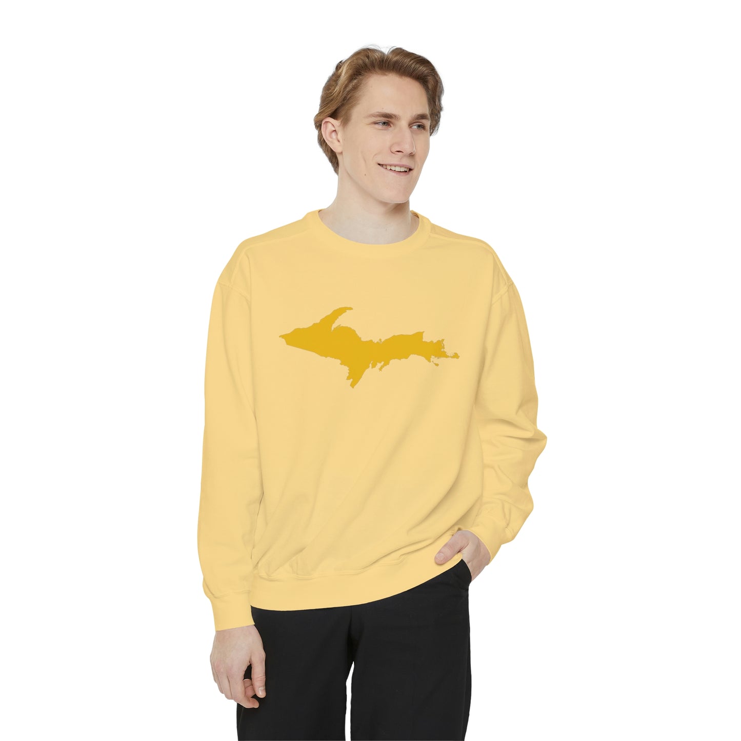 Michigan Upper Peninsula Sweatshirt (w/ Gold UP Outline) | Unisex Garment Dyed