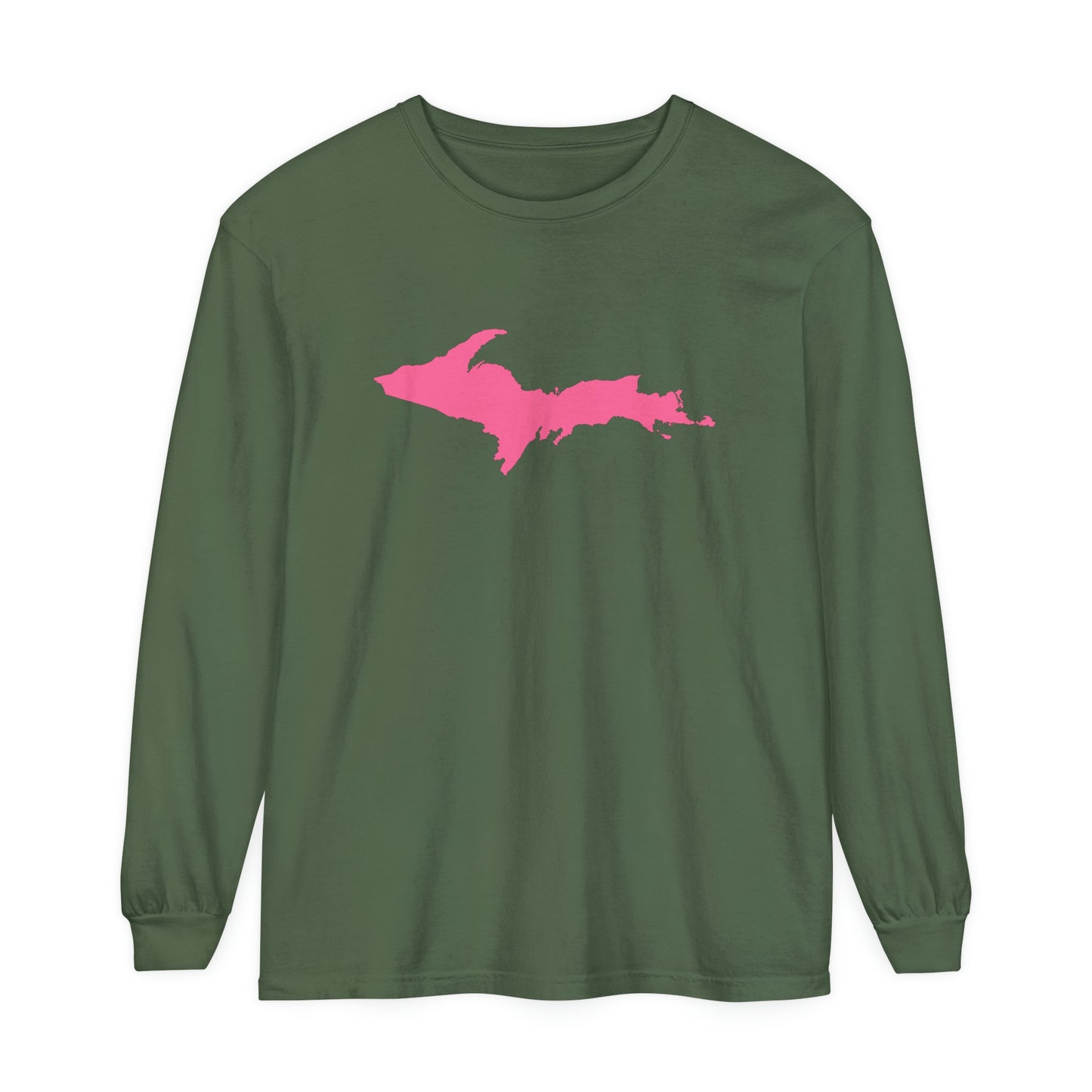 Michigan Upper Peninsula Garment-Dyed T-Shirt (w/ Pink UP Outline) | Unisex Long Sleeve