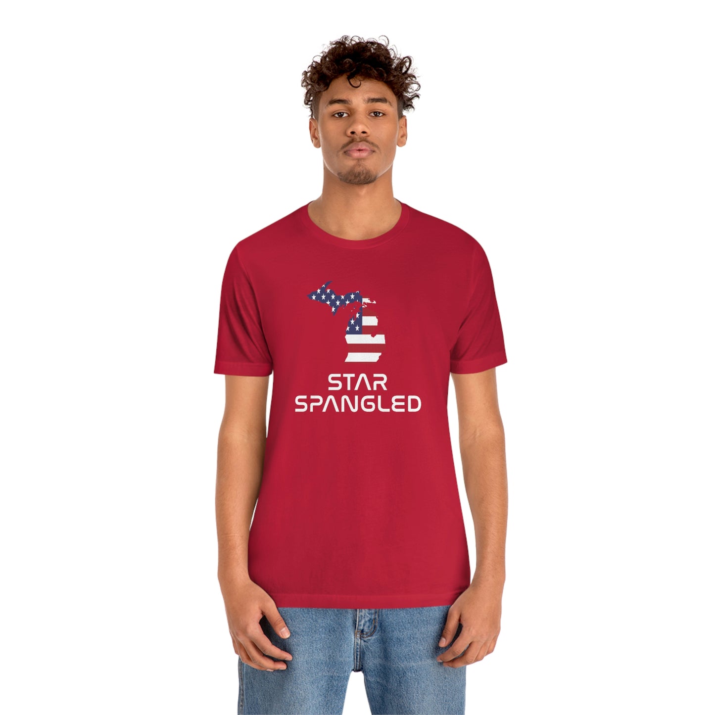 Michigan 'Star Spangled' T-Shirt (Space Agency Font w/ MI USA Flag Outline) | Unisex Standard Fit