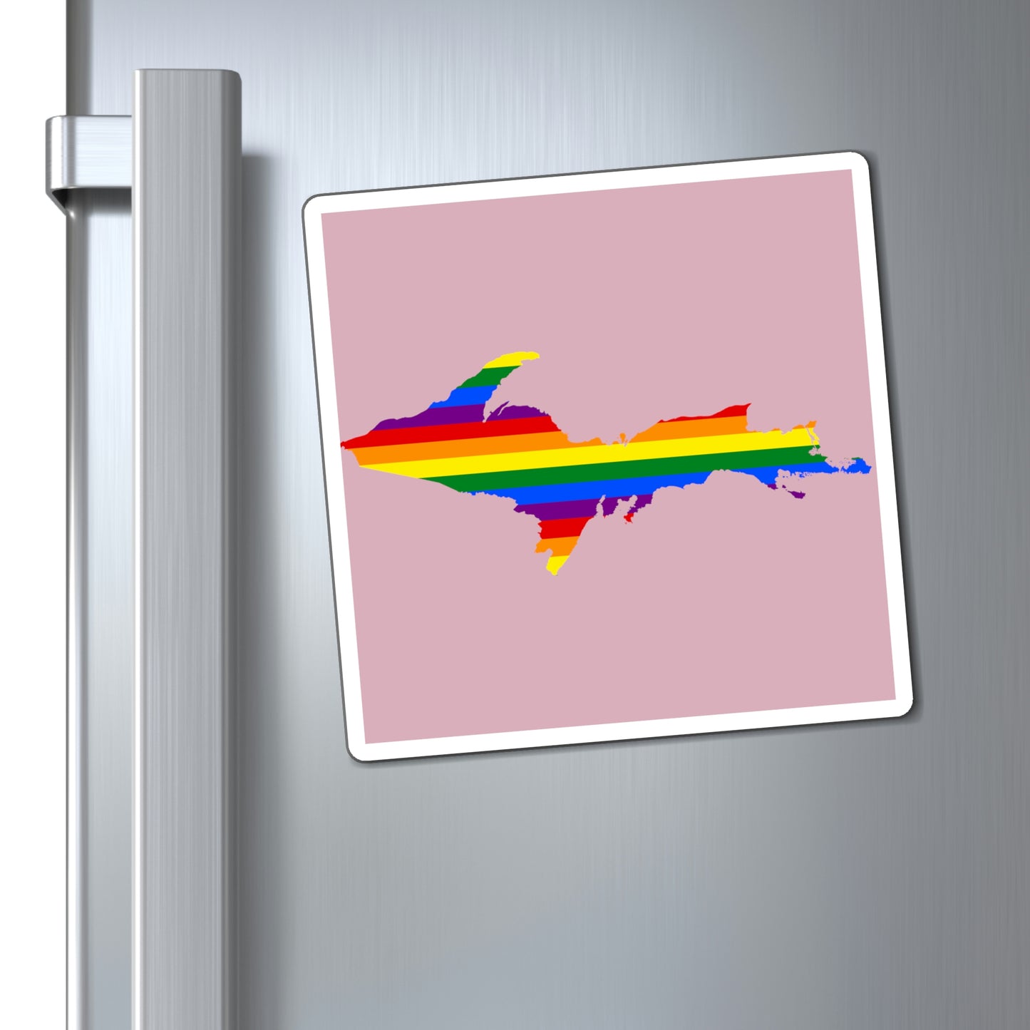 Michigan Upper Peninsula Square Magnet (Pink w/ UP Pride Flag Outline)