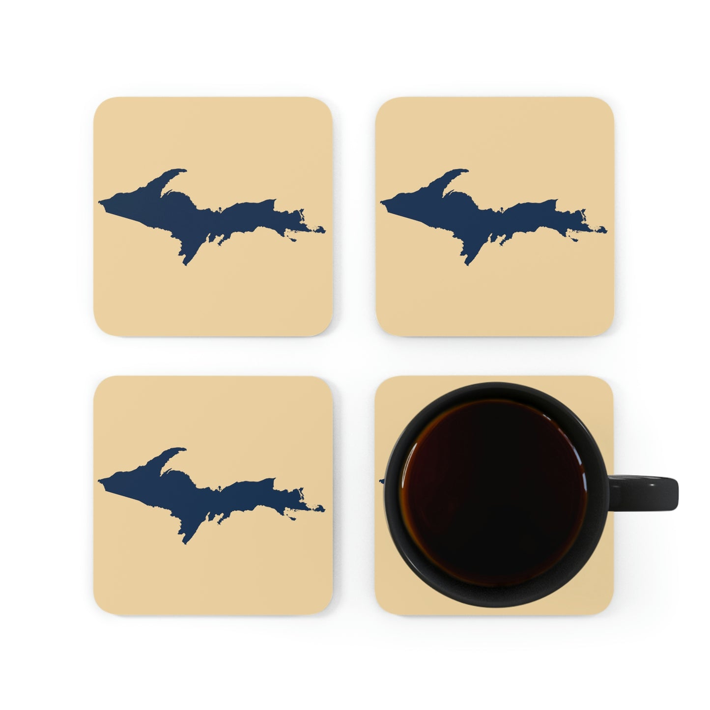 Michigan Upper Peninsula Coaster Set (Maple Color w/ Navy UP Outline) | Corkwood - 4 pack