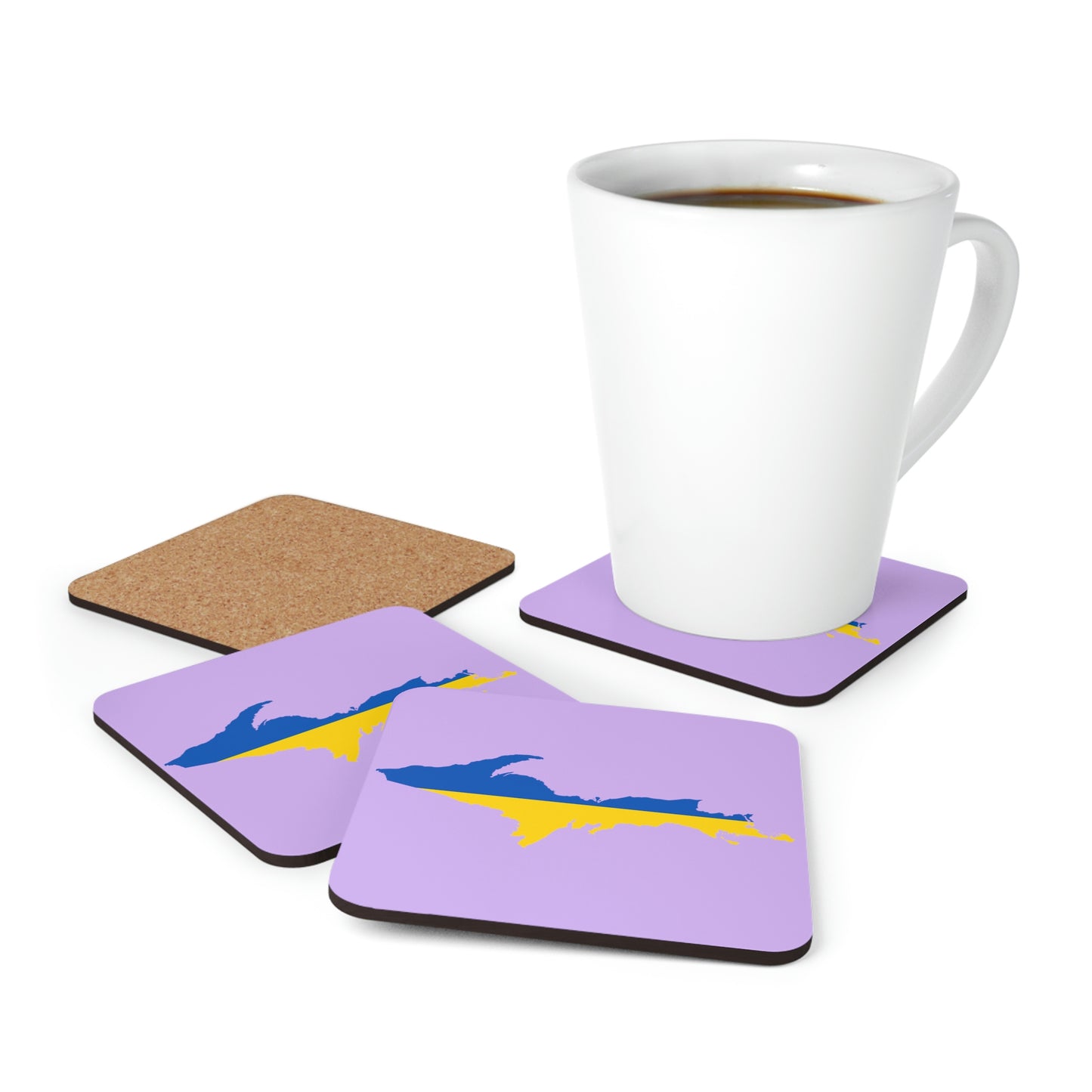 Michigan Upper Peninsula Coaster Set (Lavender w/ UP Ukraine Flag Outline) | Corkwood - 4 pack