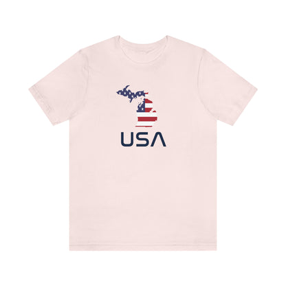 Michigan 'USA' T-Shirt (Space Agency Font w/ MI USA Flag Outline) | Unisex Standard Fit