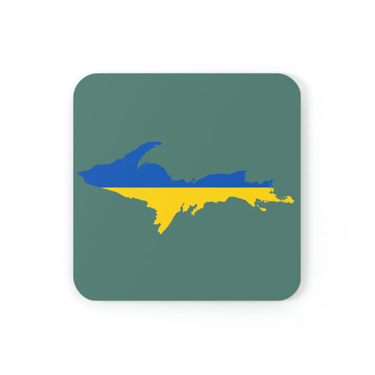 Michigan Upper Peninsula Coaster Set (Copper Green w/ UP Ukraine Flag Outline) | Corkwood - 4 pack