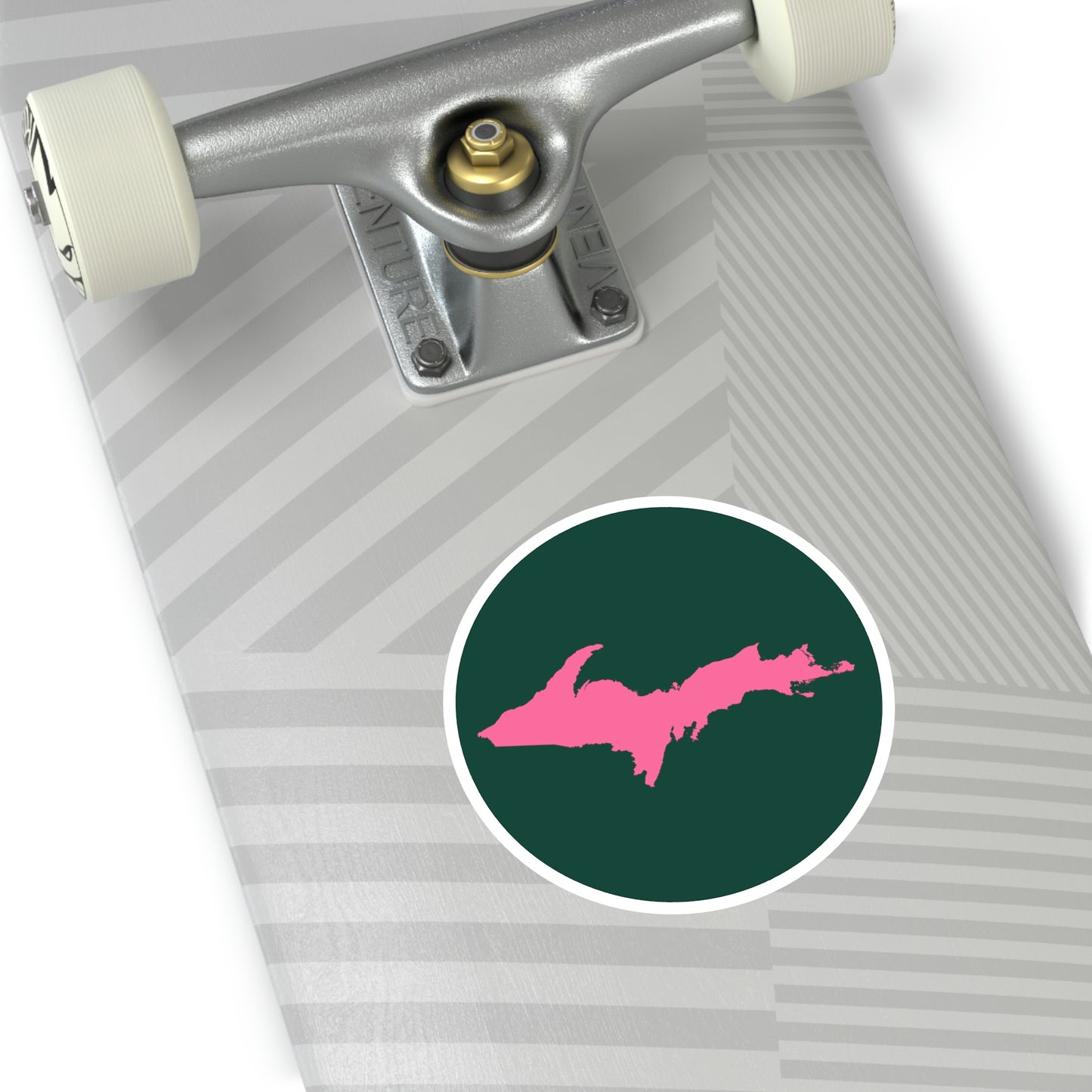 Michigan Upper Peninsula Round Stickers (Green w/ Pink UP Outline) | Indoor\Outdoor