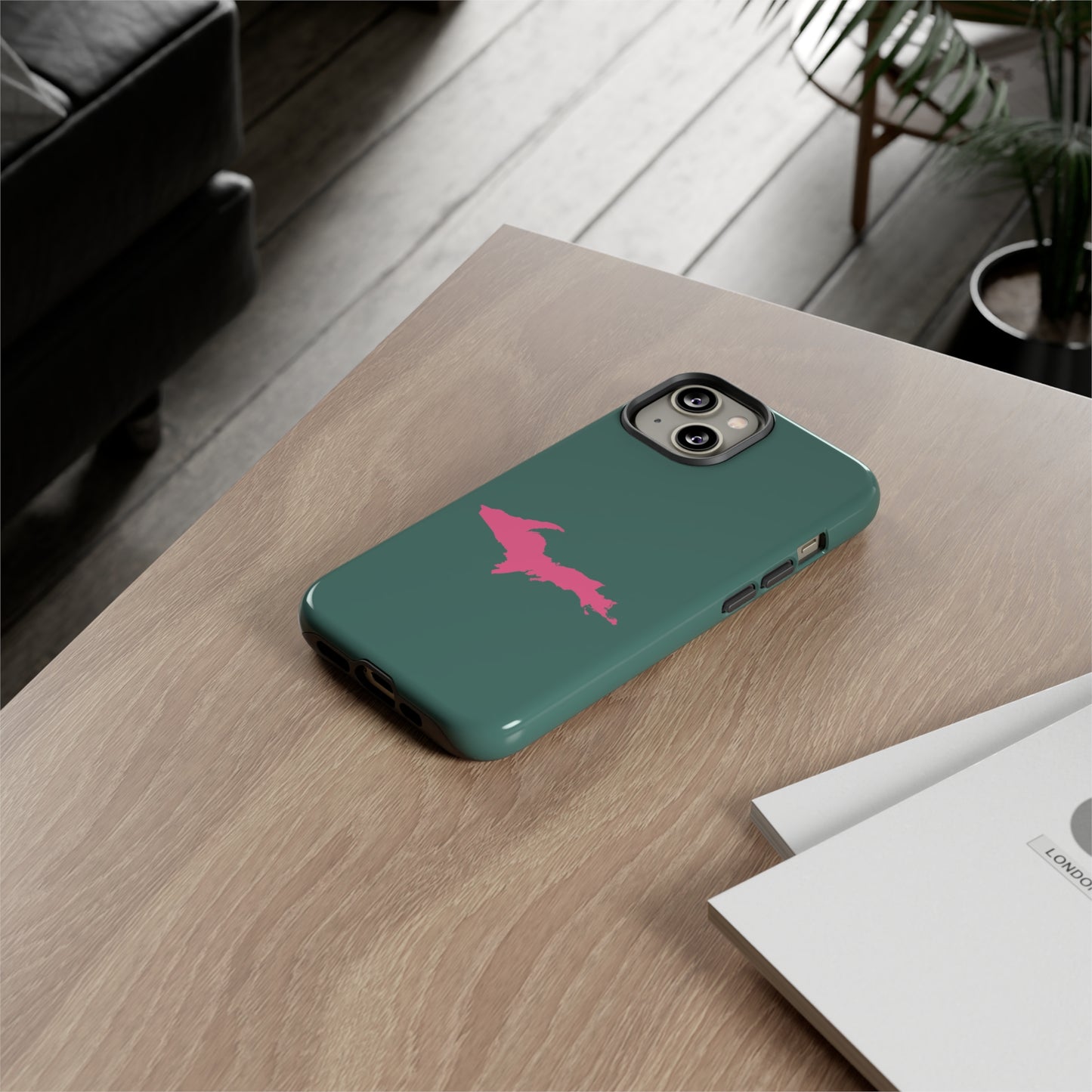 Michigan Upper Peninsula Tough Phone Case (Copper Green w/ Pink UP Outline) | Apple iPhone