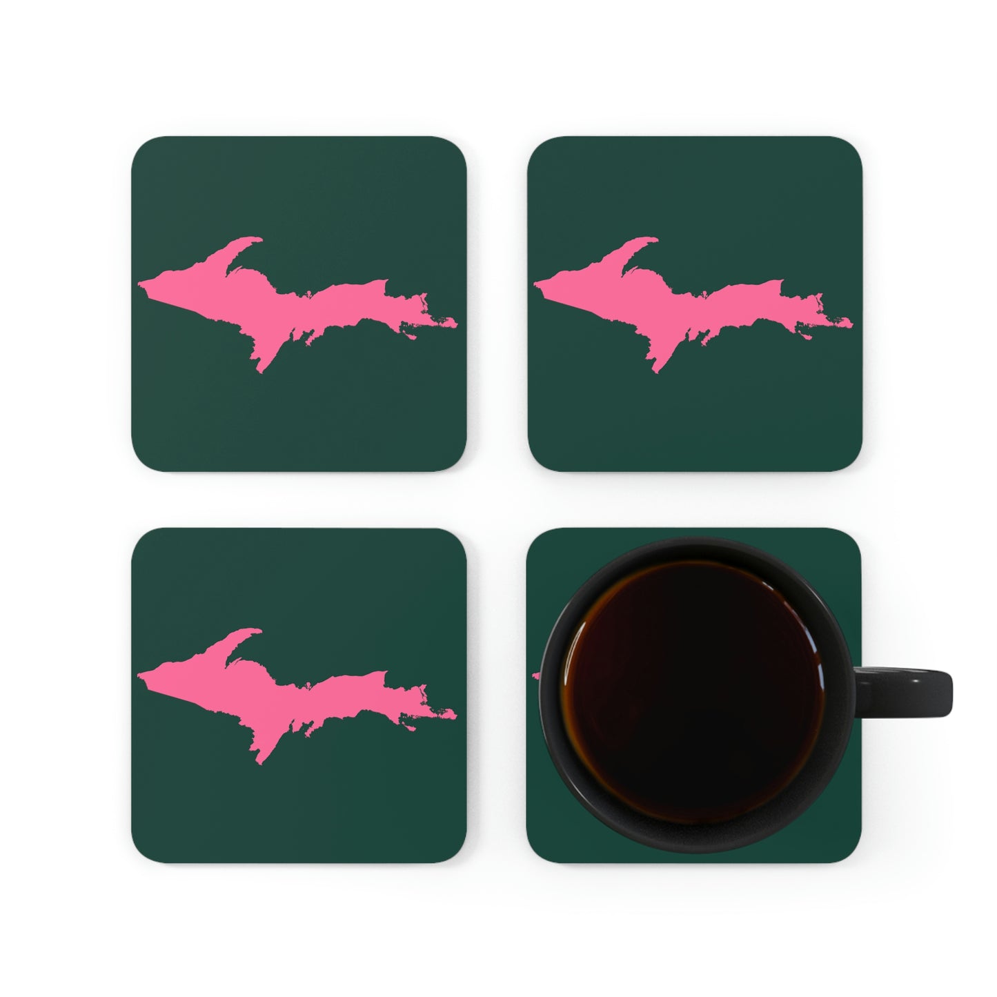 Michigan Upper Peninsula Coaster Set (Green w/ Pink UP Outline) | Corkwood - 4 pack