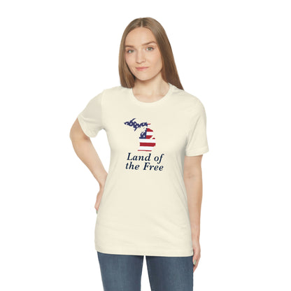 Michigan 'Land of the Free' T-Shirt (Baskerville Font w/ MI USA Flag Outline) | Unisex Standard Fit