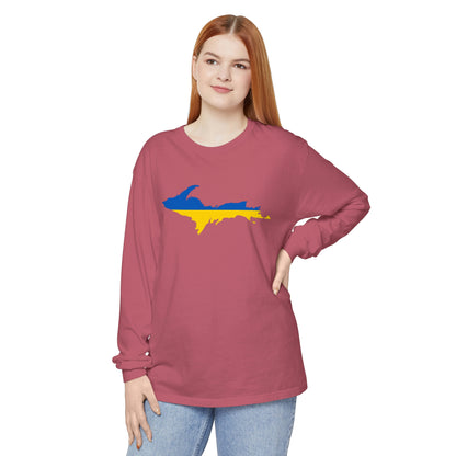 Michigan Upper Peninsula Garment-Dyed T-Shirt (w/ UP Ukraine Flag Outline) | Unisex Long Sleeve