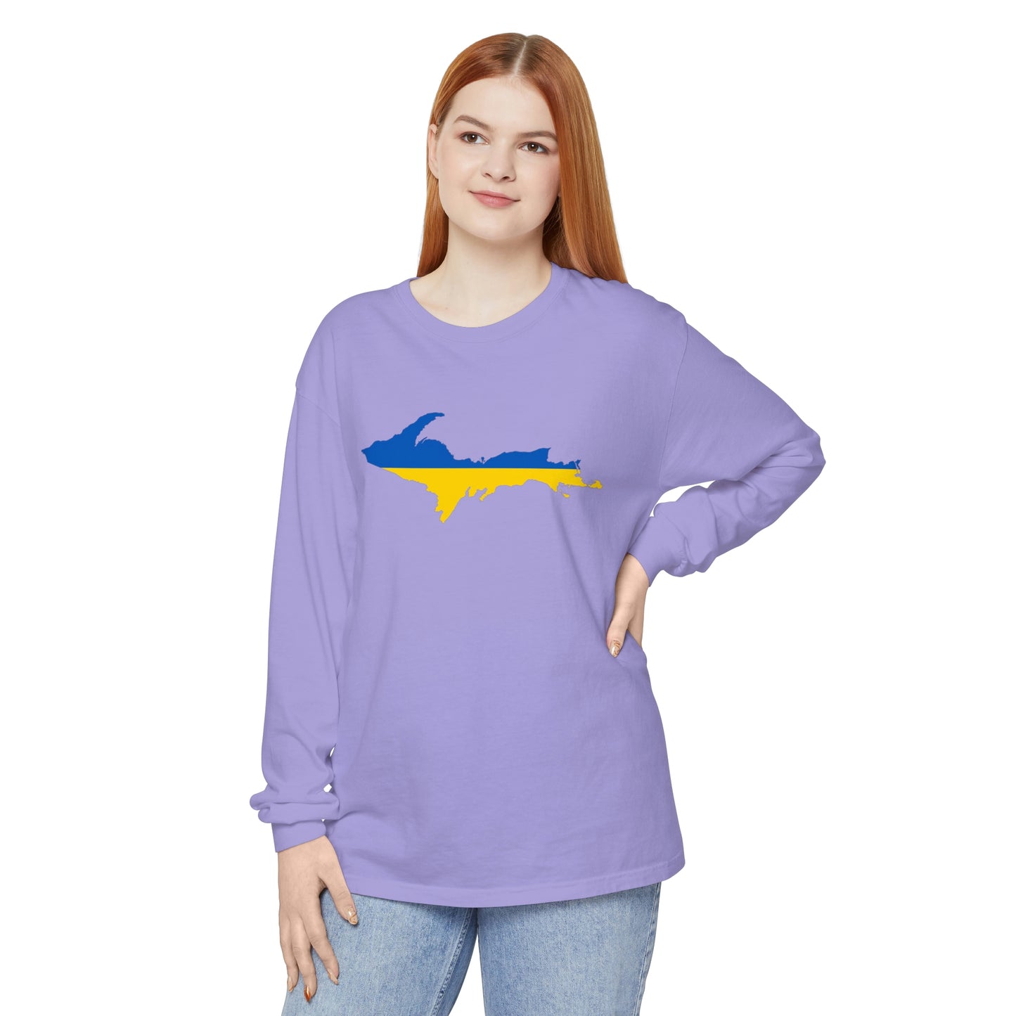 Michigan Upper Peninsula Garment-Dyed T-Shirt (w/ UP Ukraine Flag Outline) | Unisex Long Sleeve