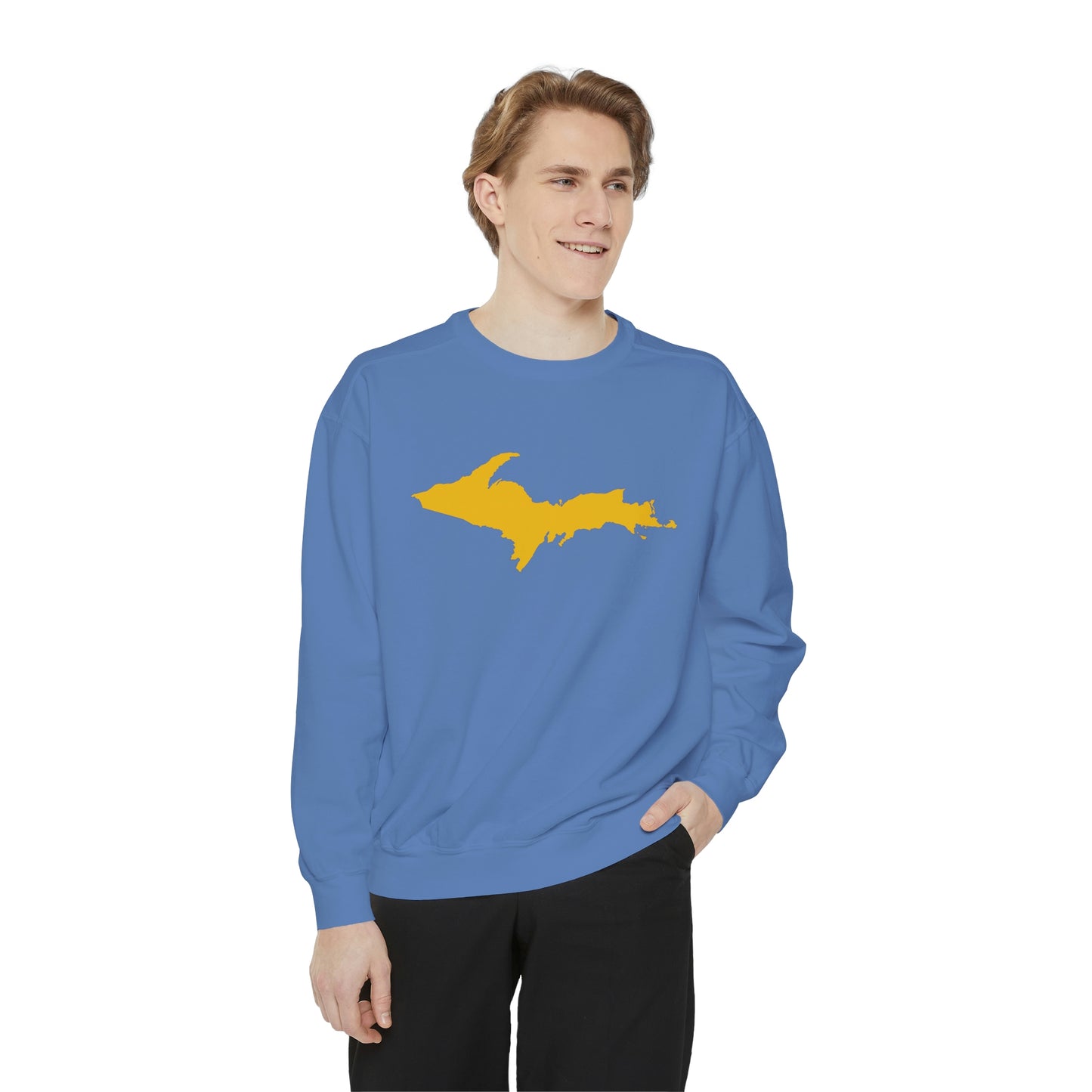 Michigan Upper Peninsula Sweatshirt (w/ Gold UP Outline) | Unisex Garment Dyed