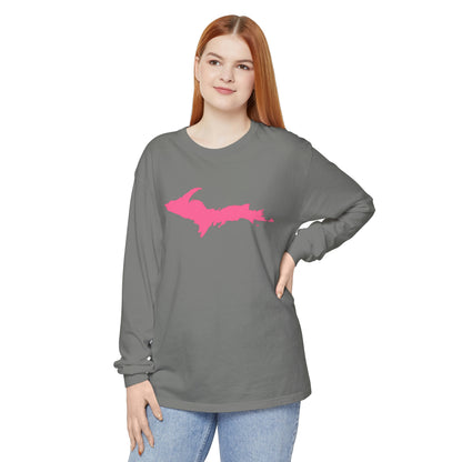 Michigan Upper Peninsula Garment-Dyed T-Shirt (w/ Pink UP Outline) | Unisex Long Sleeve