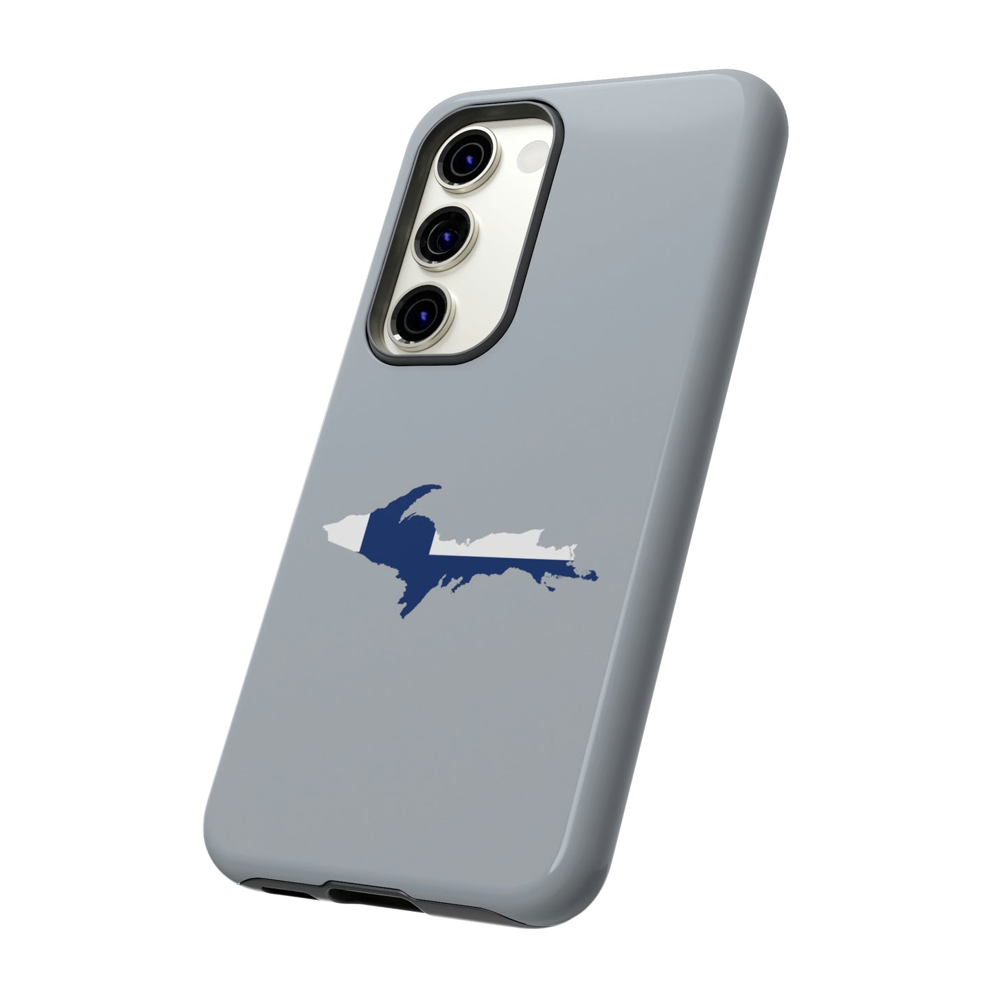 Michigan Upper Peninsula Tough Phone Case (Silver w/ UP Finland Flag Outline) | Samsung & Pixel Android