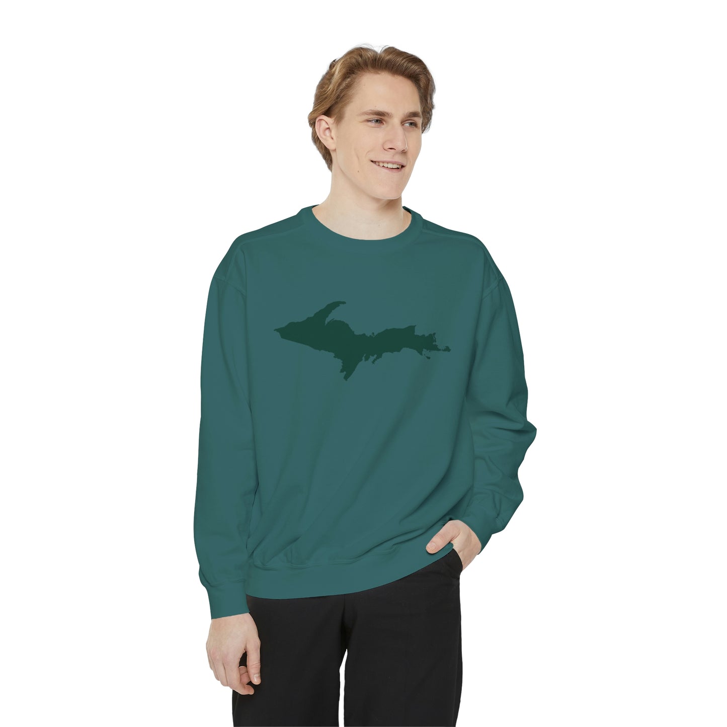 Michigan Upper Peninsula Sweatshirt (w/ Green UP Outline) | Unisex Garment Dyed