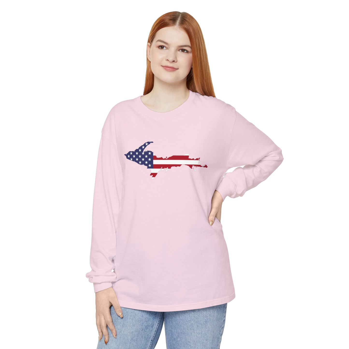 Michigan Upper Peninsula Garment-Dyed T-Shirt (w/ UP USA Flag Outline) | Unisex Long Sleeve