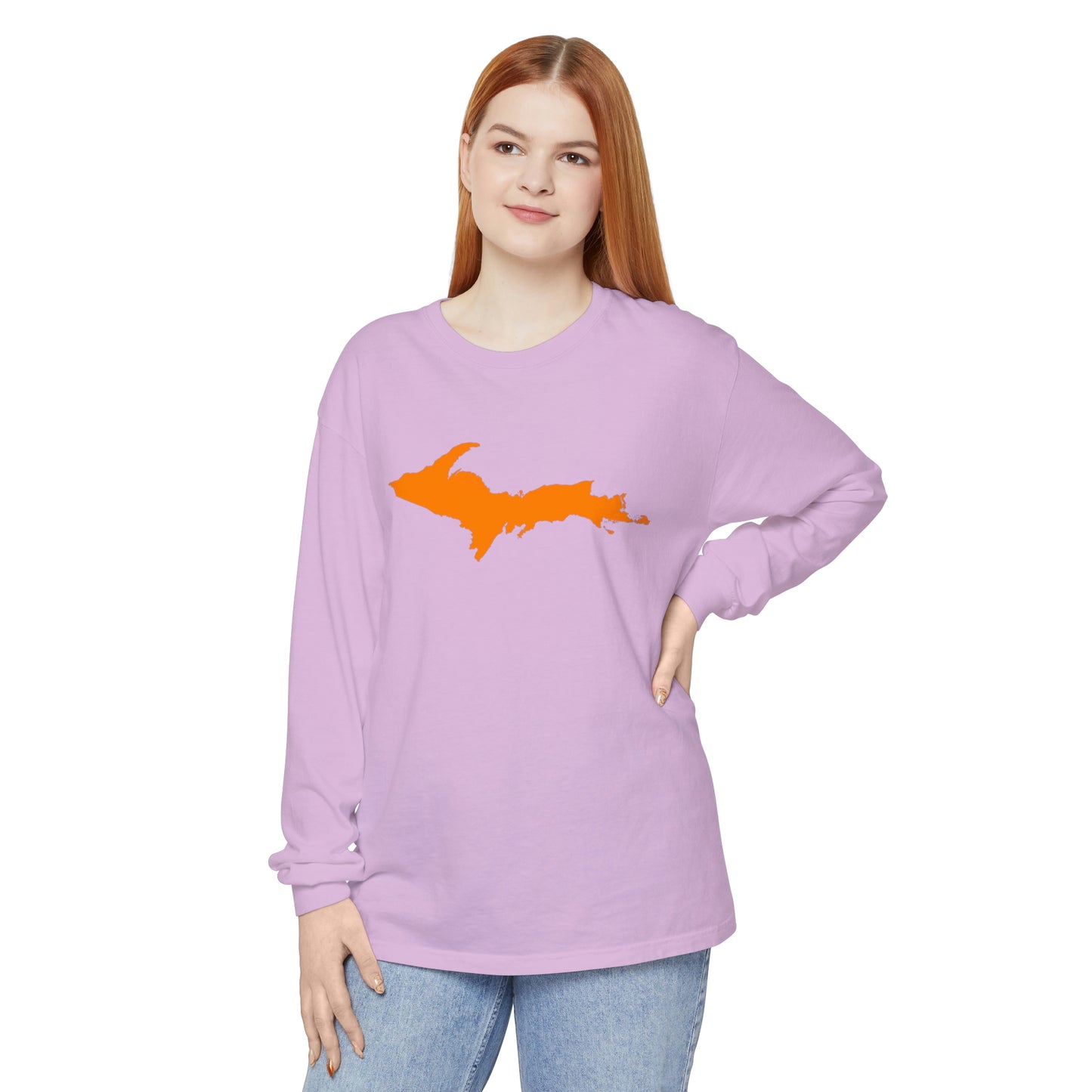 Michigan Upper Peninsula Garment-Dyed T-Shirt (w/ Orange UP Outline) | Unisex Long Sleeve