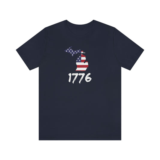 Michigan '1776' T-Shirt (Brush Font w/ MI USA Flag Outline) | Unisex Standard Fit