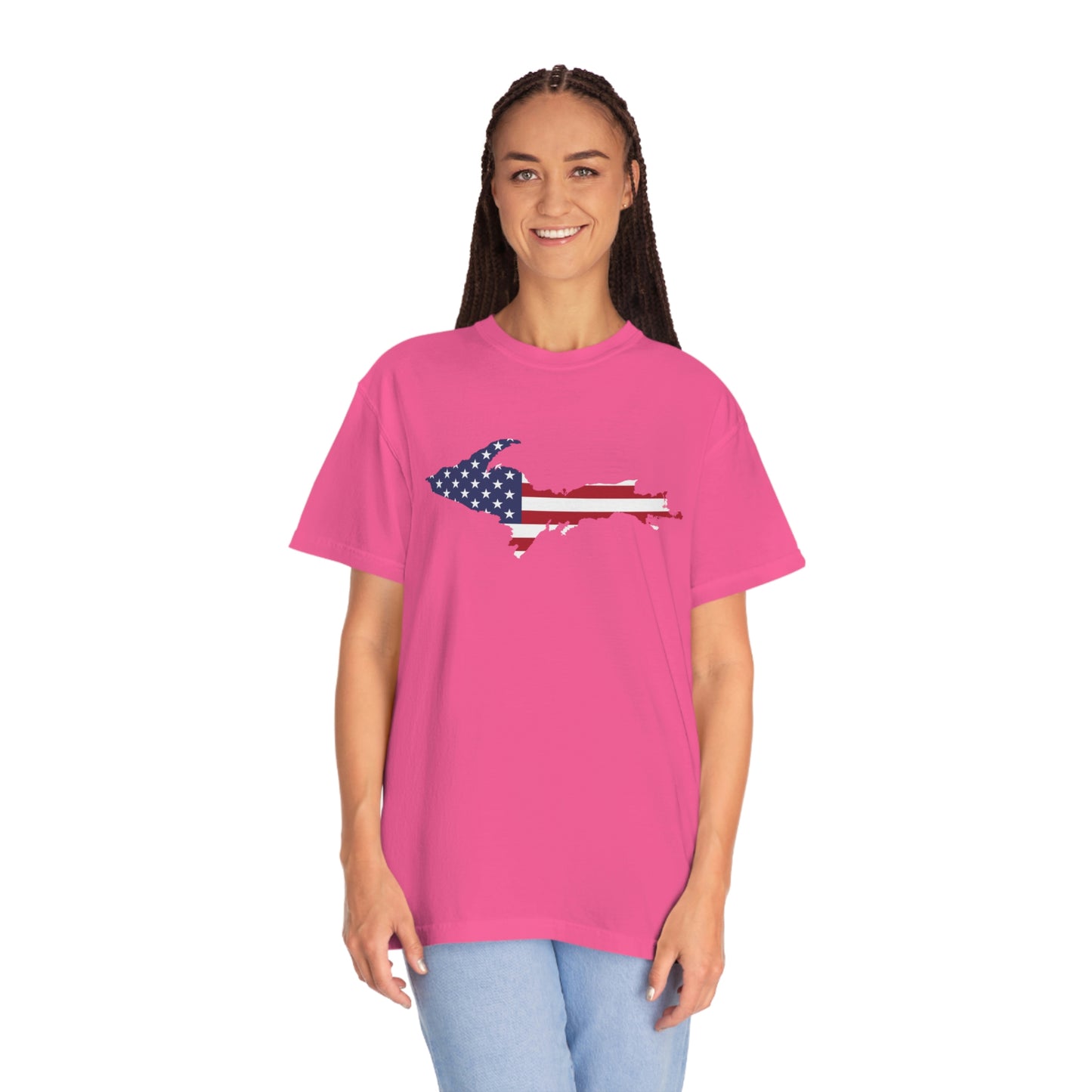 Michigan Upper Peninsula T-Shirt (w/ UP USA Flag Outline) | Unisex Garment-Dyed