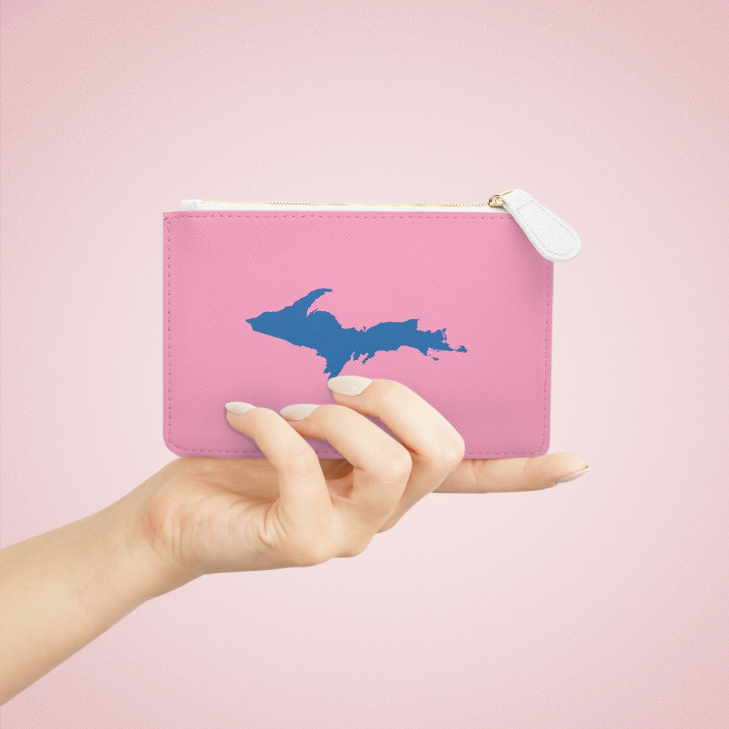 Michigan Upper Peninsula Mini Clutch Bag ('67 Caddie Pink w/ Azure UP Outline)