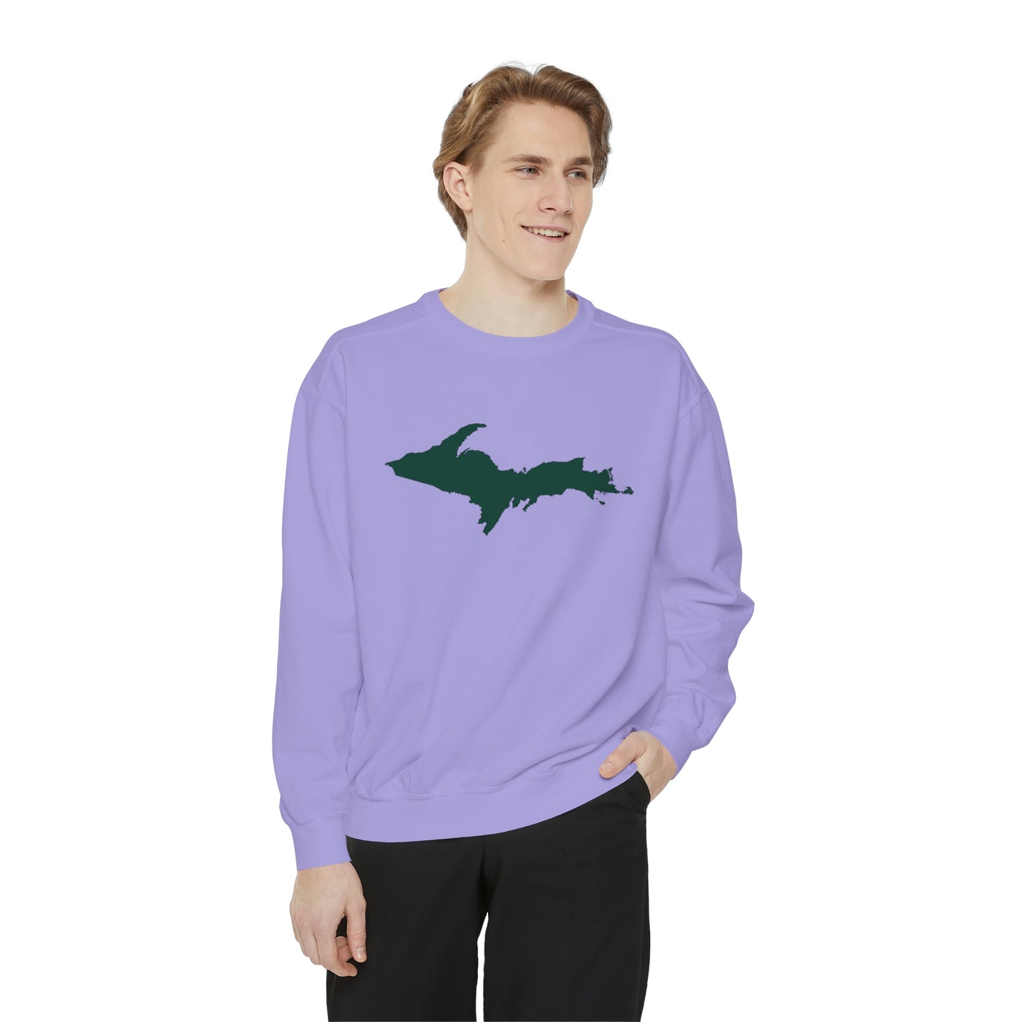 Michigan Upper Peninsula Sweatshirt (w/ Green UP Outline) | Unisex Garment Dyed