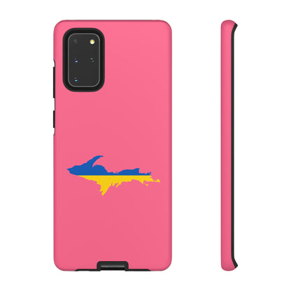 Michigan Upper Peninsula Tough Phone Case (Rhodochrosite Pink w/ UP Ukraine Flag Outline) | Samsung & Pixel Android