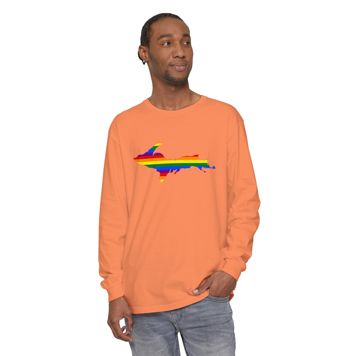 Michigan Upper Peninsula Garment-Dyed T-Shirt (w/ UP Pride Flag Outline) | Unisex Long Sleeve