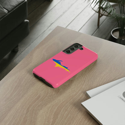 Michigan Upper Peninsula Tough Phone Case (Rhodochrosite Pink w/ UP Ukraine Flag Outline) | Samsung & Pixel Android