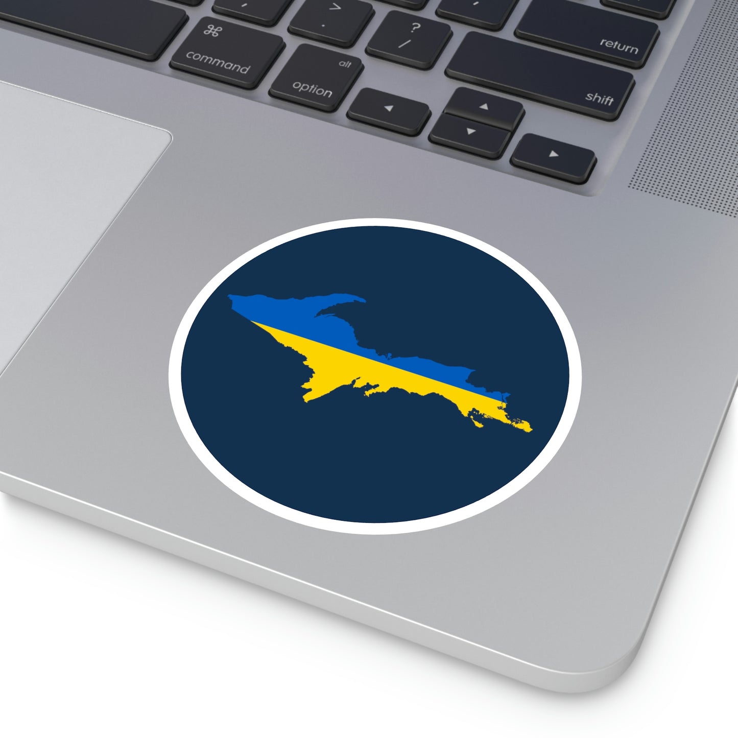 Michigan Upper Peninsula Round Stickers (Navy w/ UP Ukraine Flag Outline) | Indoor\Outdoor