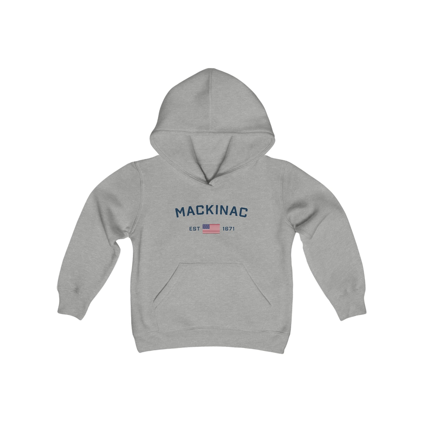 'Mackinac EST 1671' Hoodie (w/USA Flag Outline) | Unisex Youth