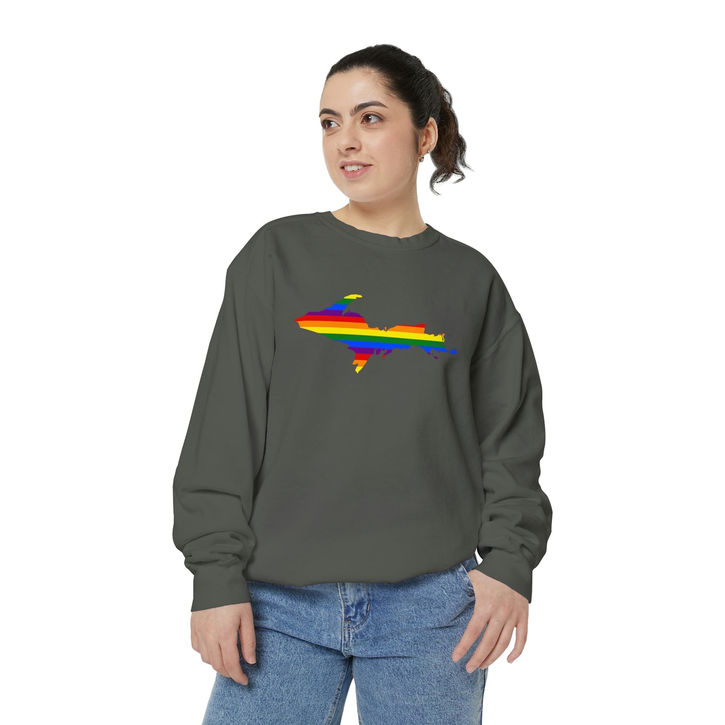 Michigan Upper Peninsula Sweatshirt (w/ UP Pride Flag Outline) | Unisex Garment Dyed