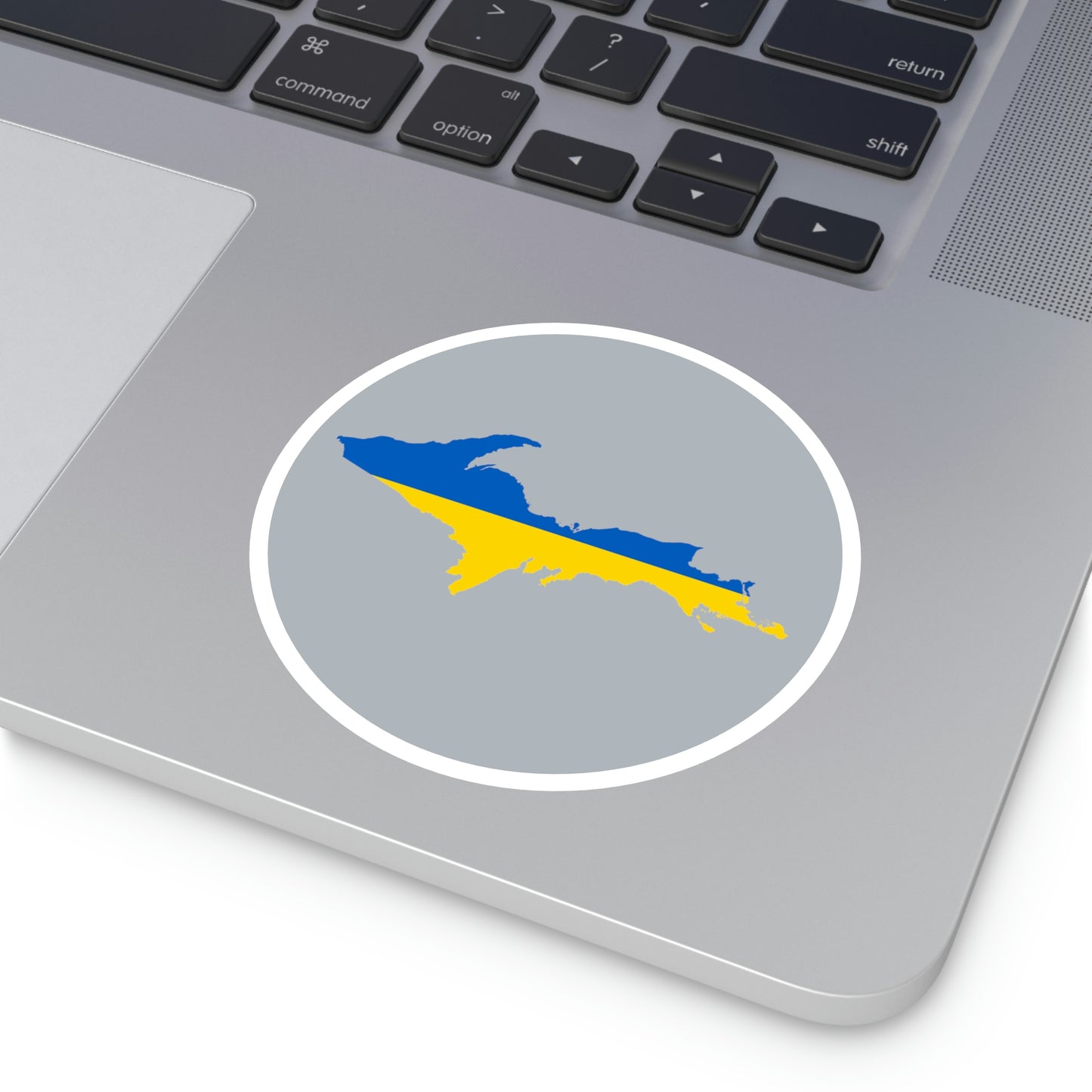 Michigan Upper Peninsula Round Stickers (Silver w/ UP Ukraine Flag Outline) | Indoor\Outdoor