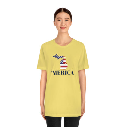 Michigan 'Merica' T-Shirt (Didone Font w/ MI USA Flag Outline) | Unisex Standard Fit
